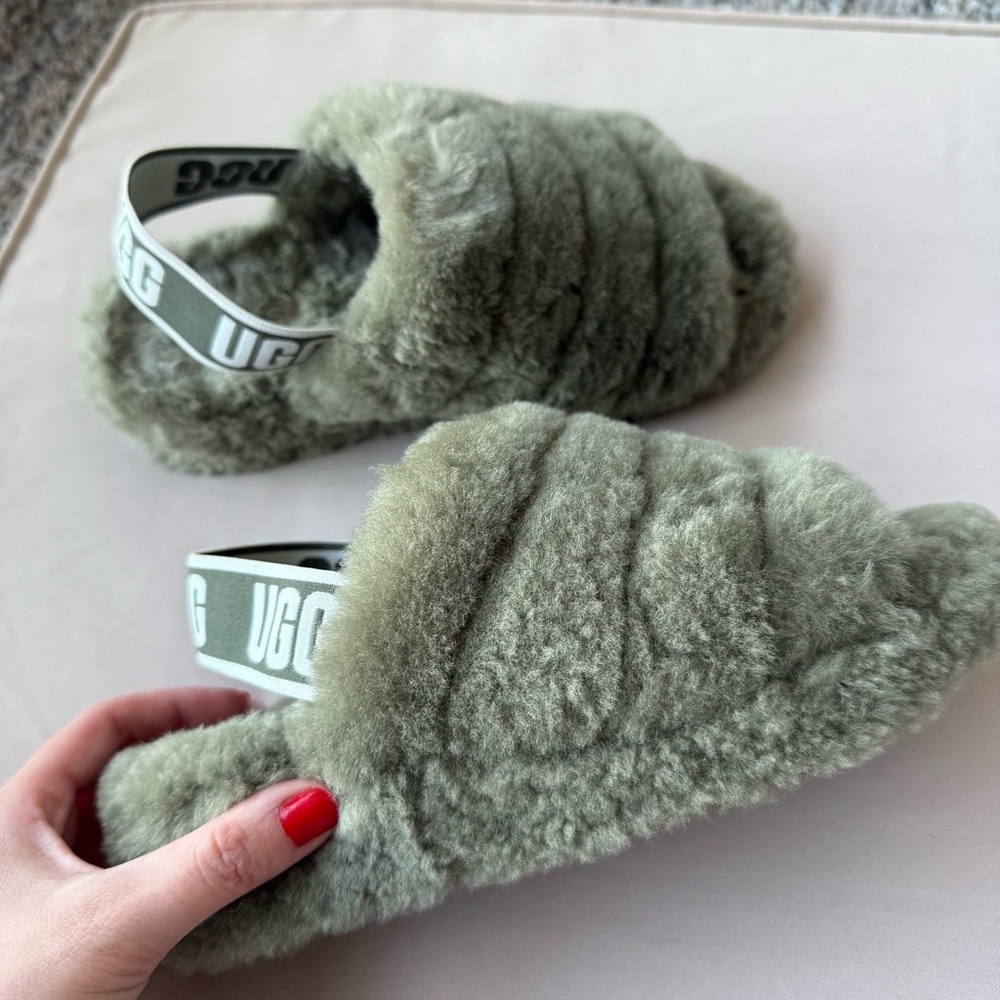 UGG Olive Green Fluffy Slippers